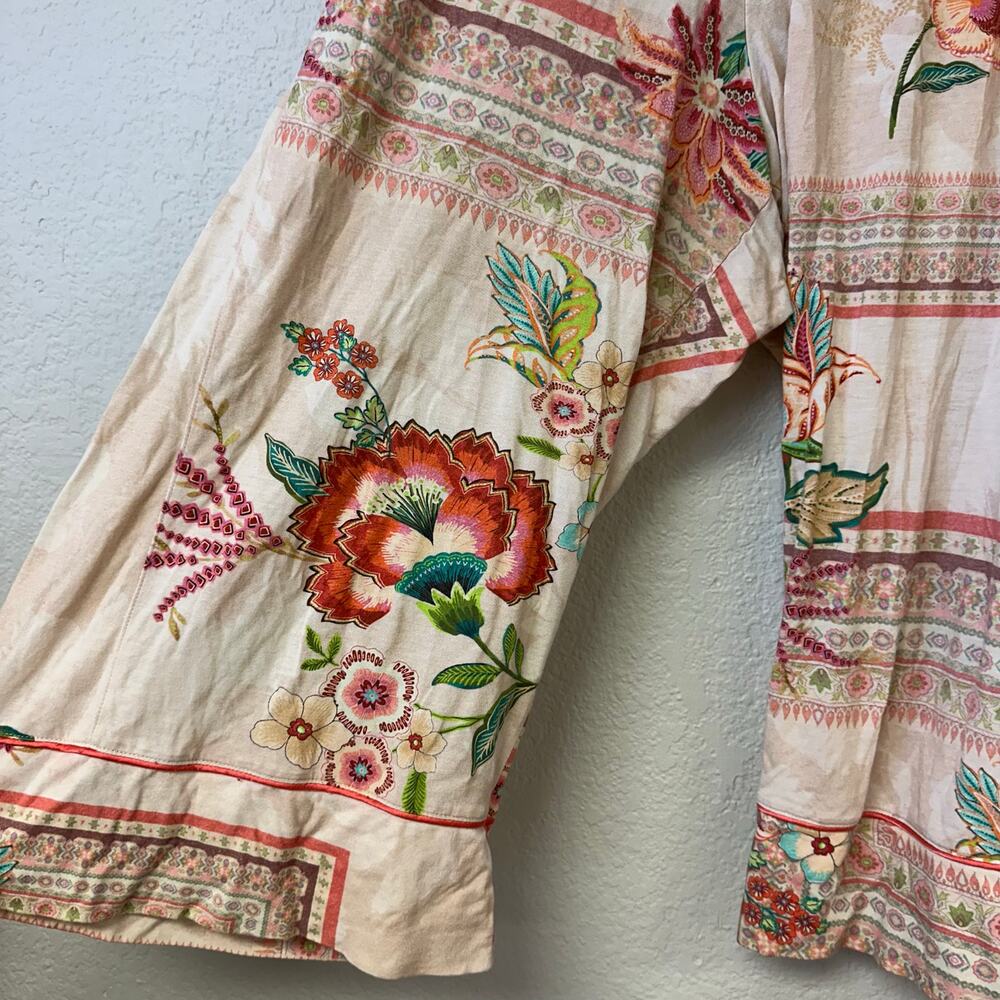 Johnny Was Printed Cotton Lounge Set Button Up Top Wide Leg Pants Rose M - Picture 9 of 9